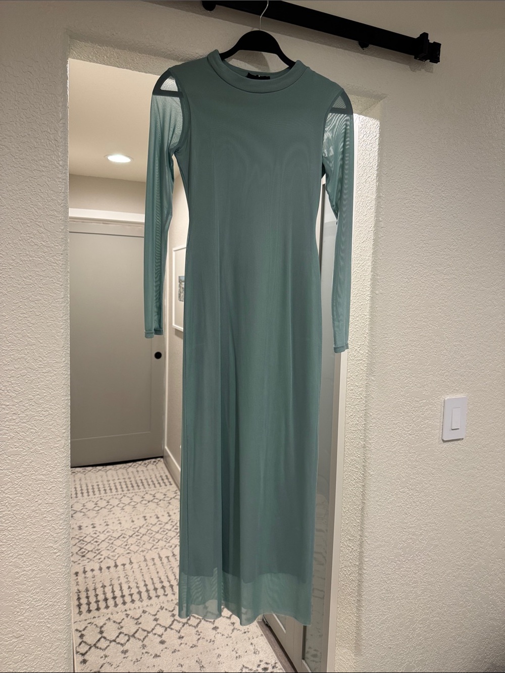 Women's Long Sleeve Mesh Overlay Dress — Sage Green